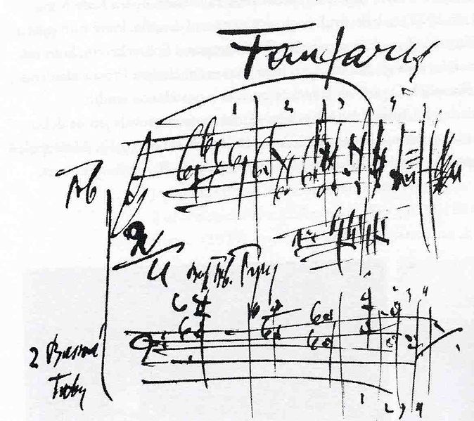 Janáček once dedicated his <i>Sinfonietta</i> to the Czechoslovak armed forces, showing his love for the country. Pictured here is the score of its opening movement, a fanfare  